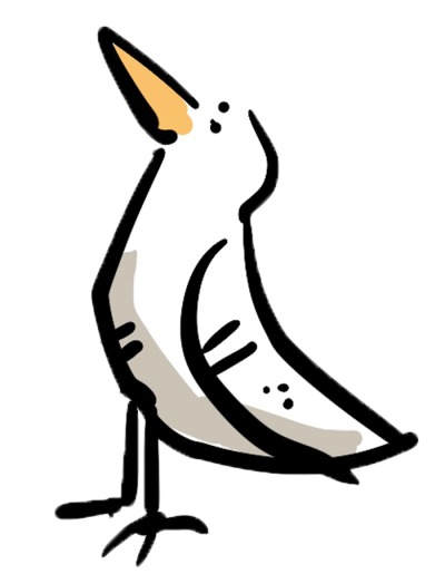 Illustration of Moby the white starling with his head looking up