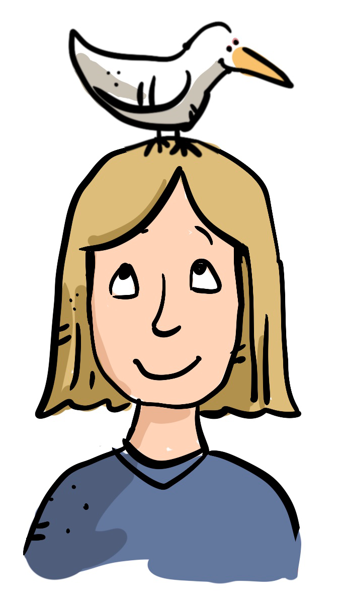 Illustration of Moby the white starling on top of a smiling woman's head